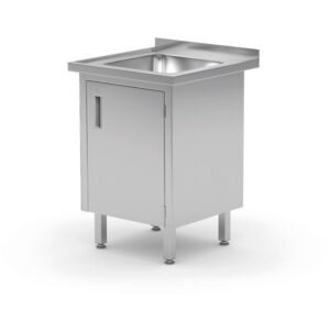 Rozsdamentes mosogatós asztal szekrényrel – hegesztett - Profi Line - 600x600x(H)850mm - HENDI 813522