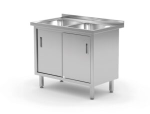 Rozsdamentes dupla mosogatós asztal szekrényrel – hegesztett - Profi Line - 1000x600x(H)850mm - HENDI 813690