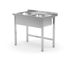 Rozsdamentes mosogatóasztal - hegesztett - 2 mosogató - Kitchen Line - 1000x600x(H)850mm - HENDI 815007