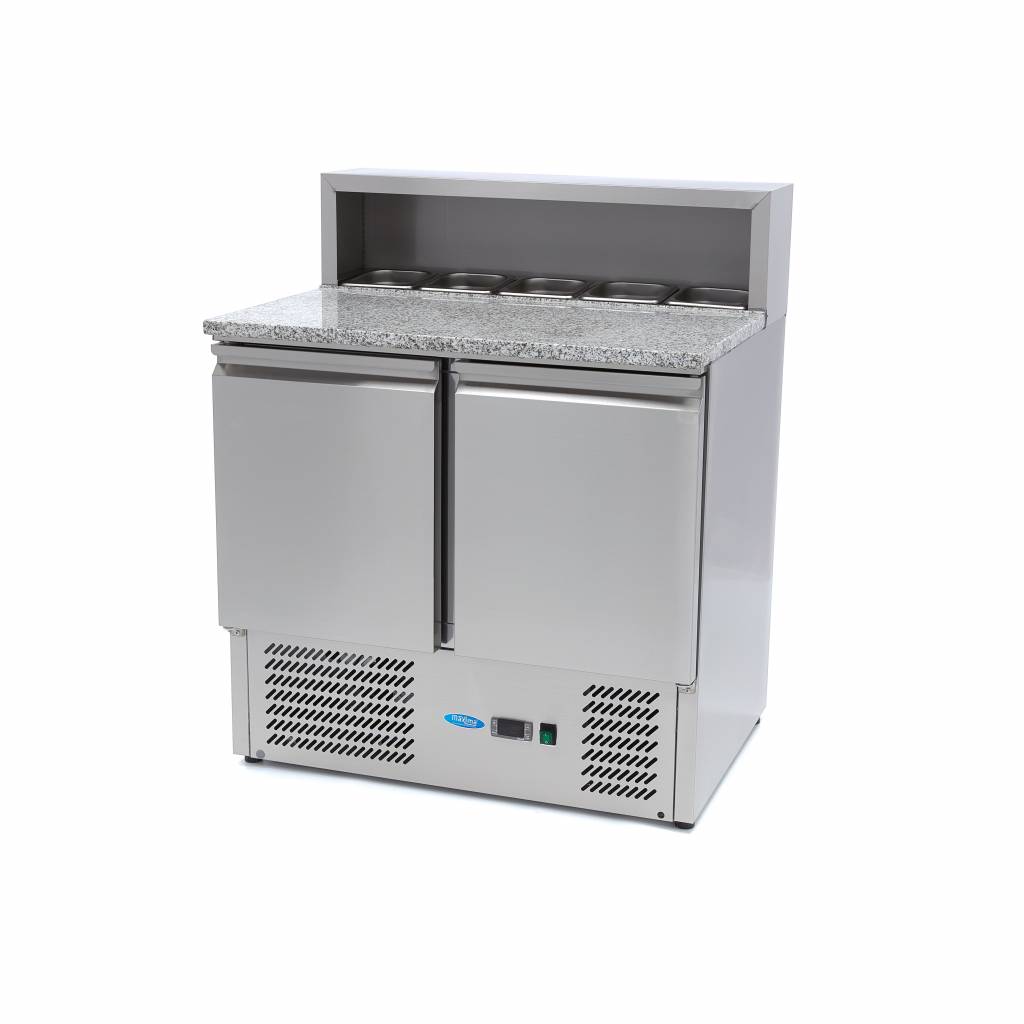 Pizza előkészítő hűtőszekrény - 2 ajtóval 5 x GN 1/6 feltéthűtővel - 90cm -285L - rozsdamentes acél borítással - Maxima 09400200