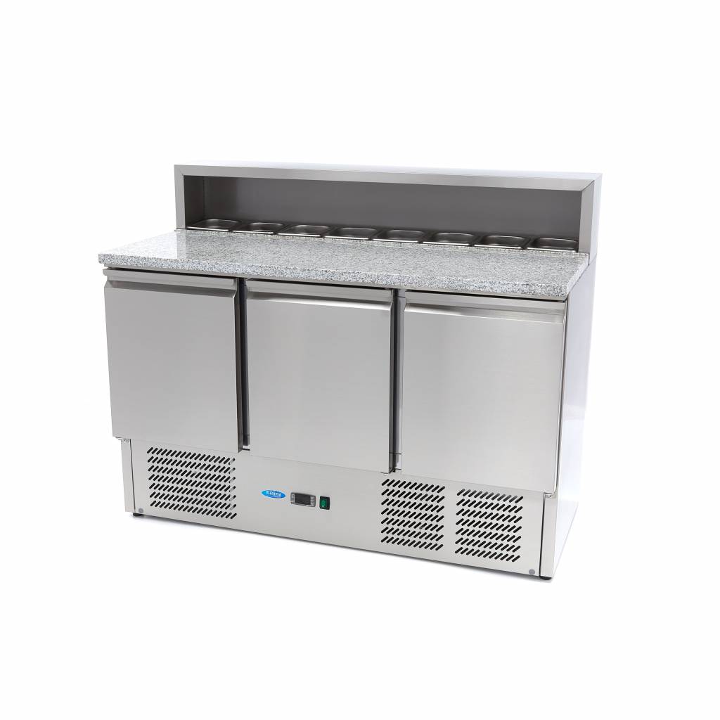 Pizzapult - 3 ajtós hűtő + 8 x GN 1/6 feltéthűtővel - 136,5cm - 400L - rozsdamentes acél fedővel együtt - Maxima 09400205